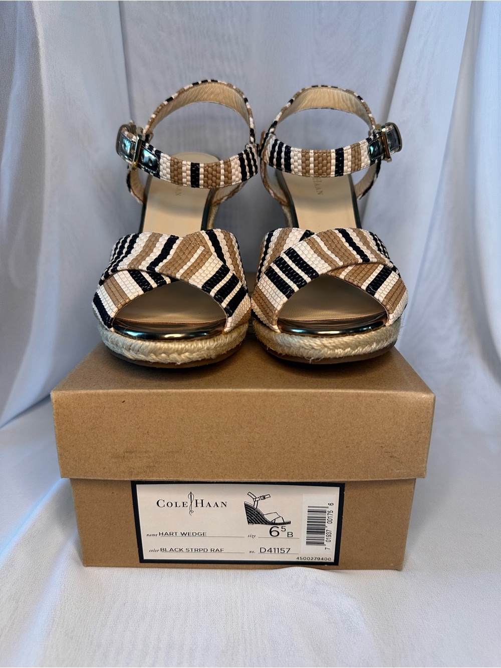 Cole Haan Beige, Black & White Striped Woven Ankle-Strap Sandals - Picture 5 of 11